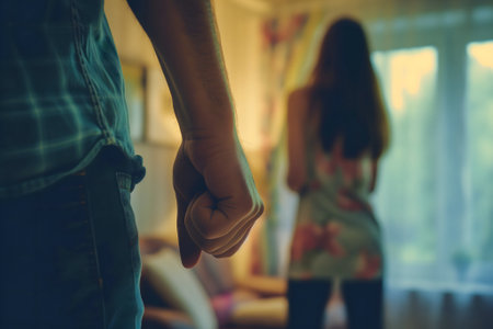 domestic violence, man holding in front of a woman, view from the back, girl in the backgroundの素材