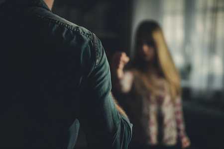 domestic violence, man holding in front of a woman, view from the back, girl in the backgroundの素材