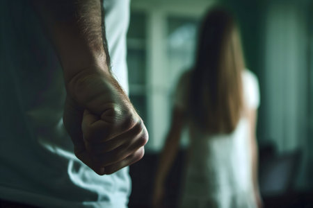 domestic violence, man holding in front of a woman, view from the back, girl in the backgroundの素材