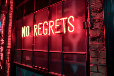 A neon sign that says NO REGRETS on a wallの素材