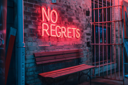 A neon sign that says NO REGRETS on a brick wallの素材