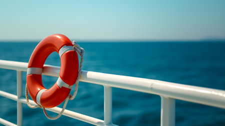 lifebuoy attached to a ships white railing, with the clear blue sea in the backgroundの素材
