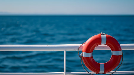 lifebuoy attached to a ships white railing, with the clear blue sea in the backgroundの素材