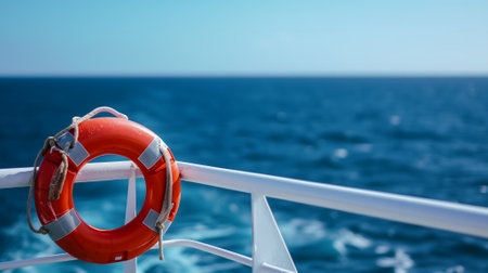 lifebuoy attached to a ships white railing, with the clear blue sea in the backgroundの素材