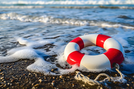 lifebuoy on a beach with surf and clear blue sea in the backgroundの素材