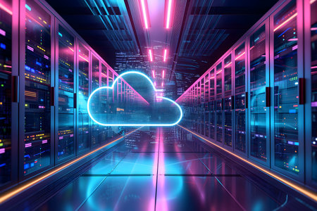 flat cloud icon hologram in a server room hallwayの素材