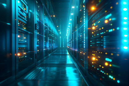 Server room with neon high contrast lightingの素材