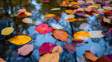 An abstract composition of colorful autumn leaves floating on a reflective water surface of a pondの素材