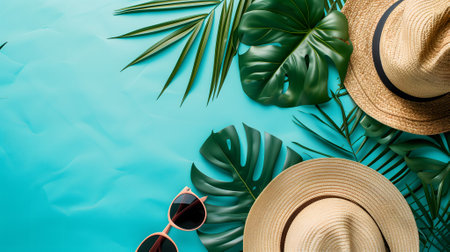 Hats, sunglasses, palm tree leaves on blue background. Blank, top view, still life, flat lay. Sea vacation travel concept tourism and resorts. Summer holidays.の素材