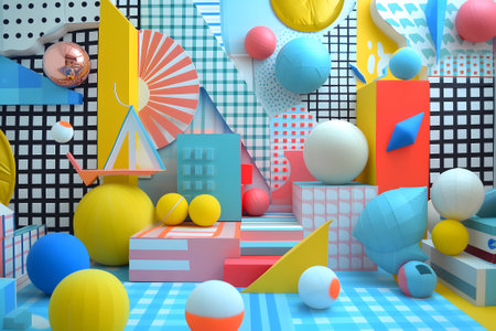 abstract background of playful convergence of 2D pop-art graphics and 3D geometric shapes creating a vibrant multiverse portal, embodying high-energy and big-impact visualsの素材