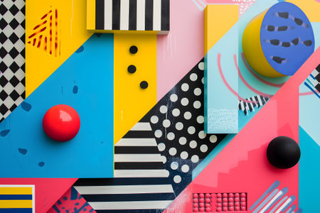 abstract background of playful convergence of 2D pop-art graphics and 3D geometric shapes creating a vibrant multiverse portal, embodying high-energy and big-impact visualsの素材