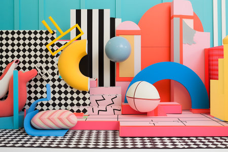 abstract background of playful convergence of 2D pop-art graphics and 3D geometric shapes creating a vibrant multiverse portal, embodying high-energy and big-impact visualsの素材