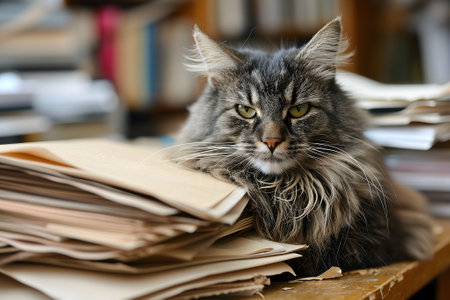 cat in an office, overwhelmed by a mountains of paperworkの素材
