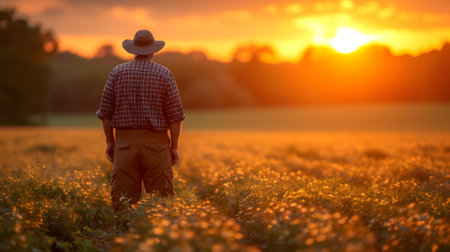Farmer standing at the field at sunset or sunriseの素材