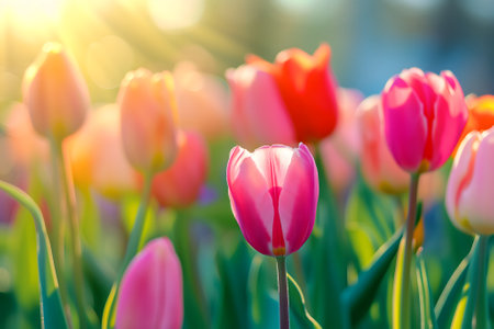 Beautiful Spring Nature background with tulip Flowers, selective focus. Vivid colors.の素材