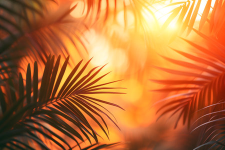 Vibrant sunny backdrop palm leaves with golden sun light.の素材