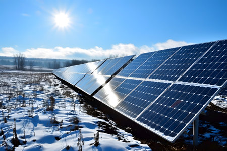 Photovoltaic solar panels in the field at sunny winter dayの素材
