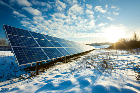 Photovoltaic solar panels in the field at sunny winter dayの素材