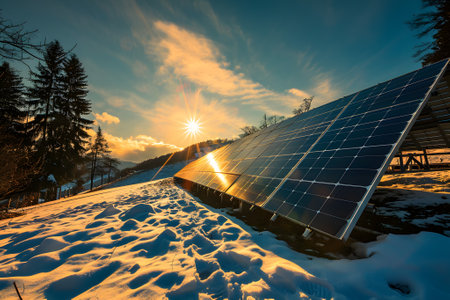 Photovoltaic solar panels in the field at winter sunset or sunriseの素材