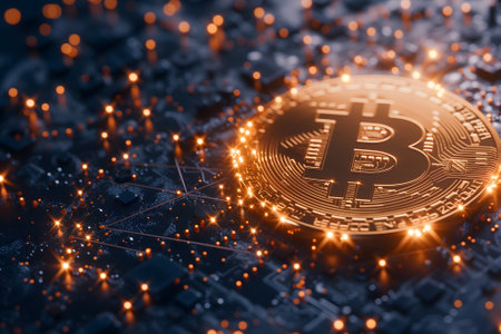 bitcoin shiner laid over circuit boardの素材