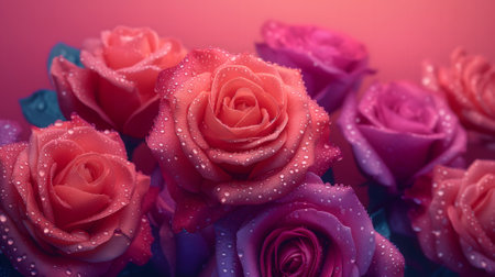 A lush bouquet of roses with dew dropsの素材