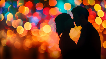 silhouette of a couple with a colorful bokeh backgroundの素材