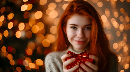 Beautiful redhead girl with gift for Valentines Day with bokeh at background.の素材