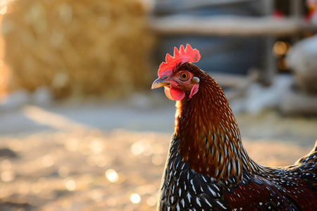 Portrait of hen on the chicken farm, closeup with bokeh.の素材