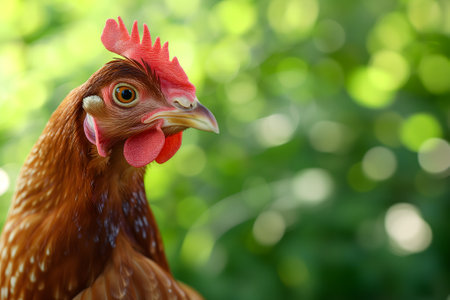 Portrait of hen on the chicken farm, closeup with bokeh.の素材