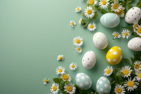 Easter eggs day background with copy space, high angle view.の素材
