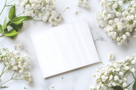white greeting card with flowers mock up high angle view directly above decorationの素材