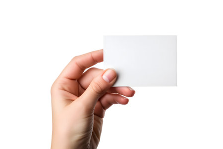 woman Hand holding blank business card on white backgroundの素材
