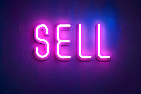 neon inscription word sell on dark shabby wallの素材