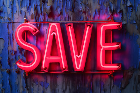 Neon word SAVE on dark shabby wallの素材