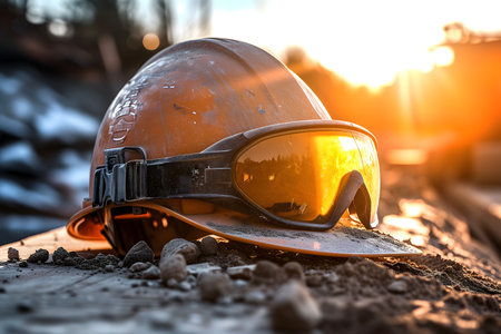 old yellow hard hat at construction site for safety conceptの素材