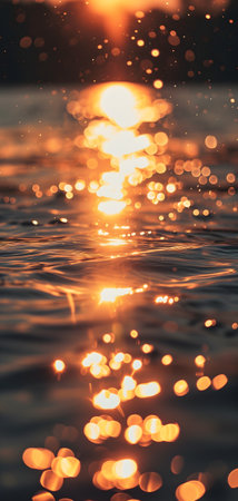 Sunset bokeh on water: golden sky over a body of water, with the light reflecting and creating a bokeh effect.の素材