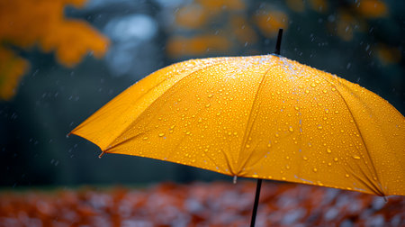 Close up, yellow umbrella under rainfall against a background of autumn leaves. Concept of rainy weather.の素材