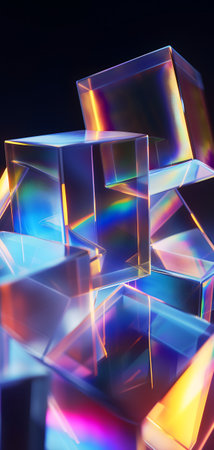 abstract background of glass cubes with colorful orange and pink lightingの素材