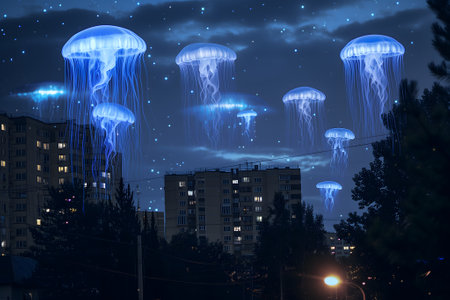 Glowing blue jellyfish UFO over night cityの素材