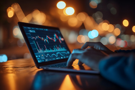 Laptop with human hands typing and stock market trading charts on the screen with night lights bokeh in the backgroundの素材