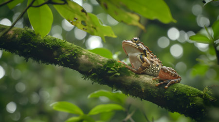 A frog resting on a tree branch in dense junglesの素材