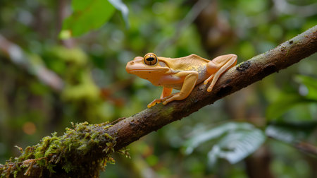 A frog resting on a tree branch in dense junglesの素材