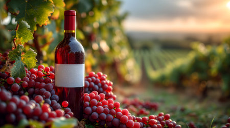A red wine bottle in front of a landscape of grape farmland.の素材