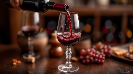 A wine bottle, with its elegant shape and deep red liquid inside, is being poured into a crystal glass, ready to be enjoyed during a romantic dinner.の素材