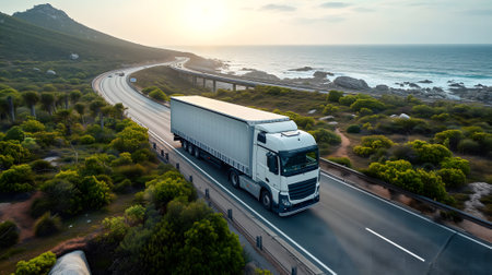 white European semitruck is seen from the sky on a highway backed by vegetationの素材