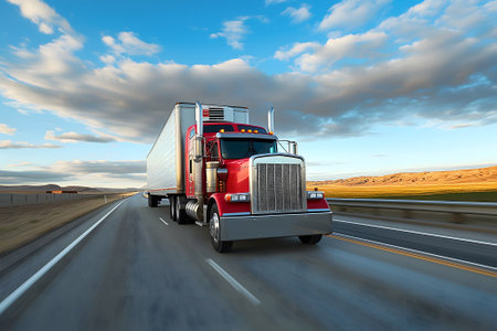 Classic American long-nose semitruck on a highwayの素材