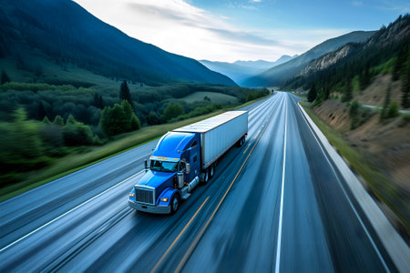 American long-nose semitruck on a highwayの素材