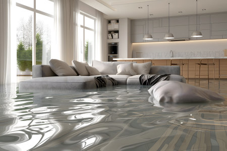 Home Floor Flooded, Showcasing Water Damage And Potential Issuesの素材