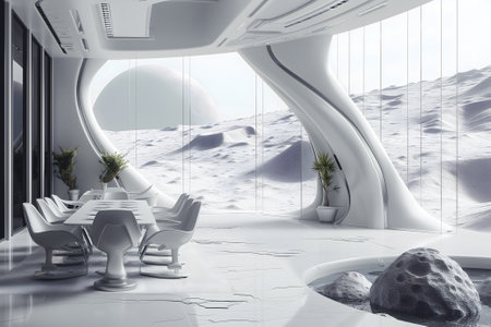 futuristic white space station style interior of dining roomの素材