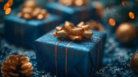 blue Christmas gift boxes with a gold bow for holiday backgroundの素材